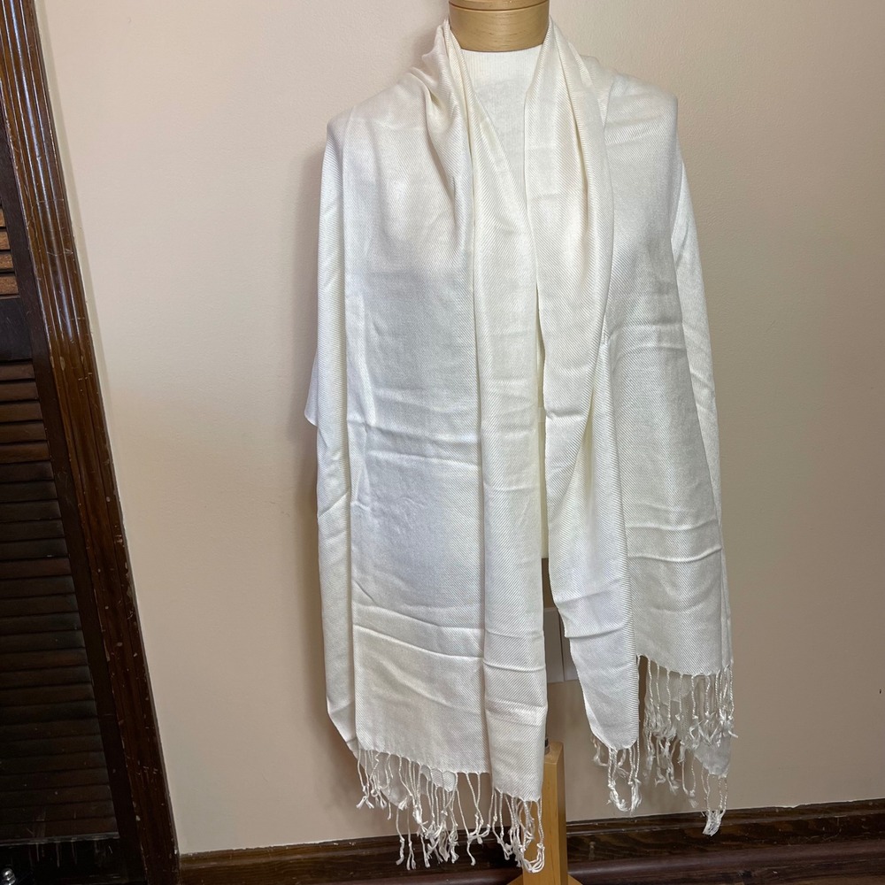 Pashmina Silk Blend Shawl Scarf Ivory Cream Fringe Tassel Wrap Wedding Formal